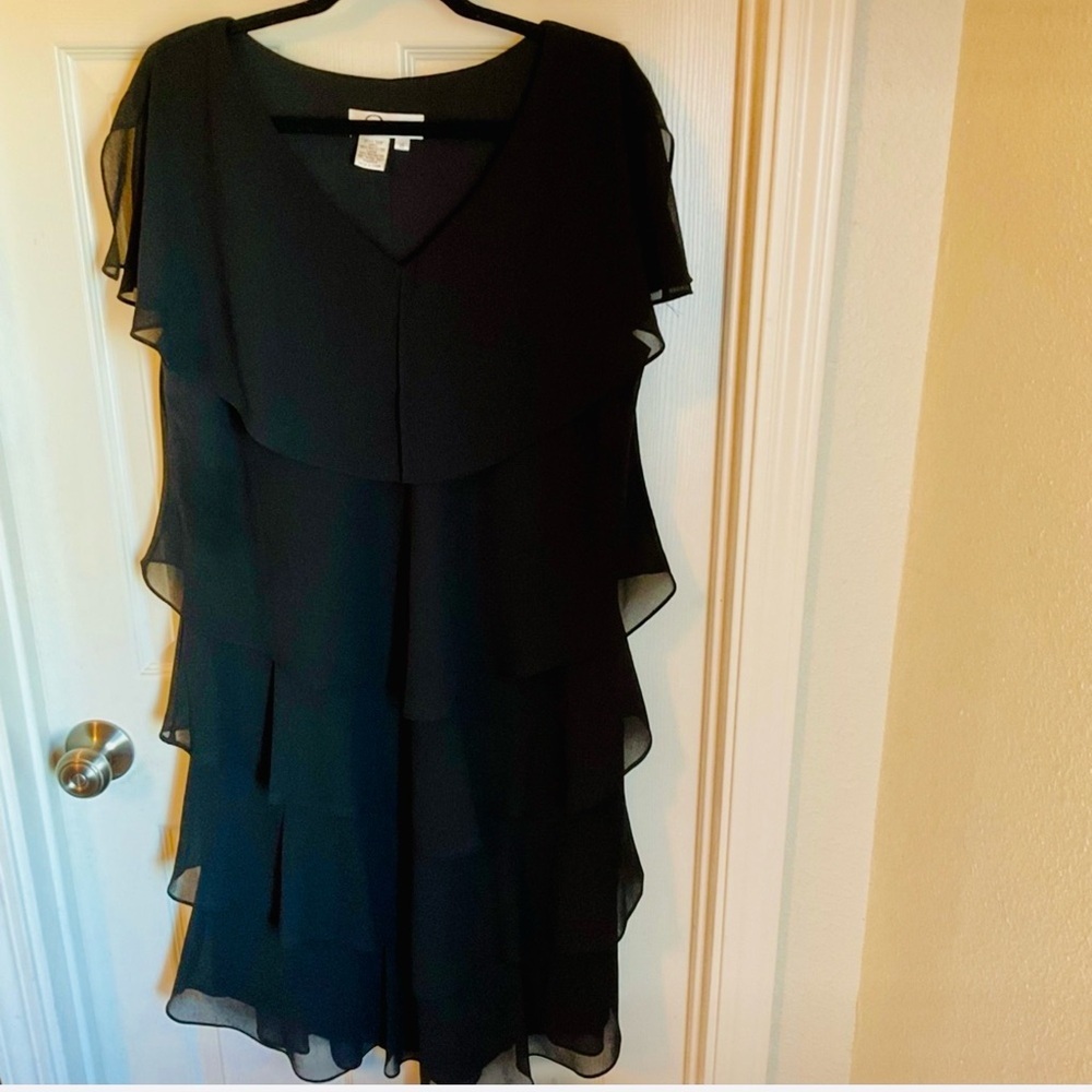 Patra Black Chiffon Tiered Sheath Dress with Capelet Sleeves, Size 16 - Picture 2 of 12